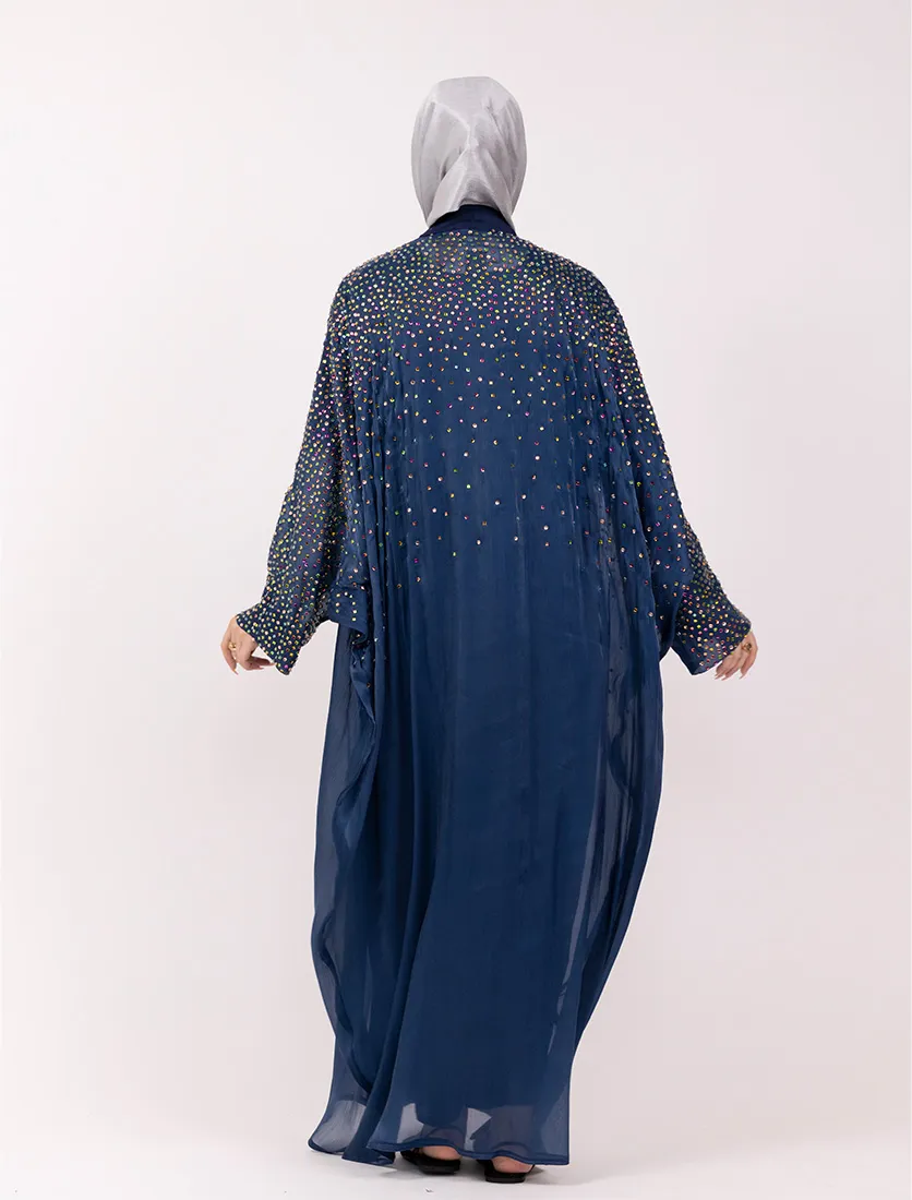 Navy Multi Crystal Embellished Sheer Overlay Abaya